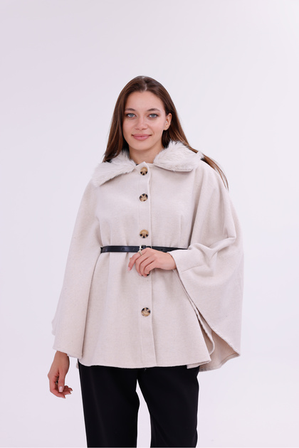 Fur Collar Cashmere Poncho Coat