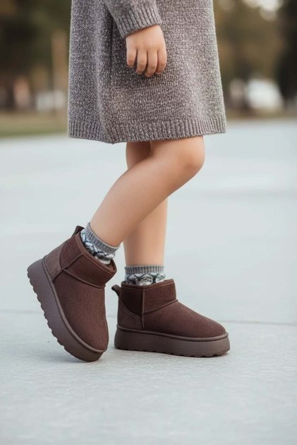 Brown Children's Fur Thick Heeled Suede Short Ankle Boots Ug02