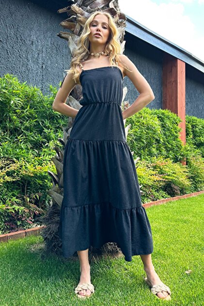Trend Alaat Stili Dark Anthracite Layered Flounce Strap Dress with Bead  Accessories- Trendyol