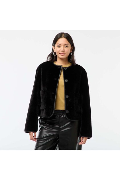 Round Neck Faux Shearling Jacket BLACK