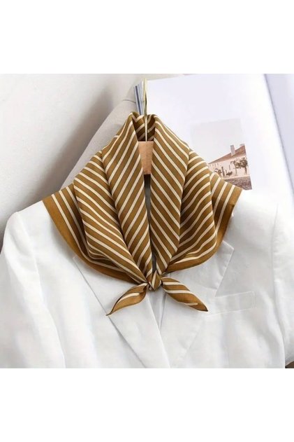 Hei Mustard Striped Patterned Stylish Silk-Look Women's Accessory Scarf Foulard