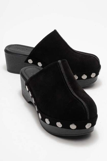 Sarine women's genuine leather clog sandals - black suede