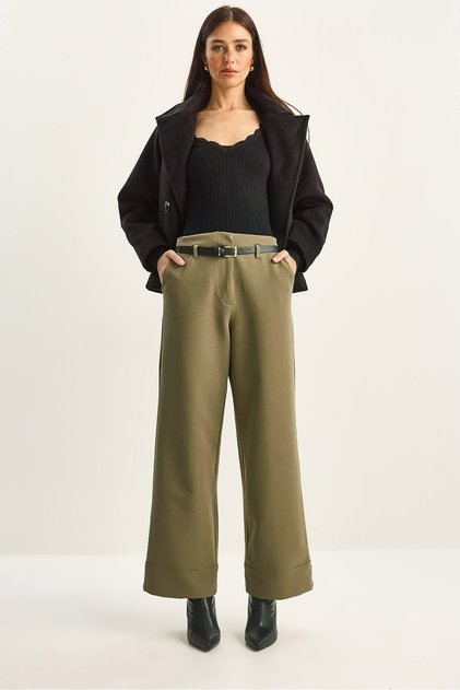 Women's Khaki High Waist Belted Pocket Detailed Curled Cuff Trousers 0309 60283790