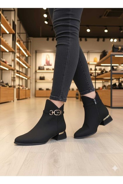 Women's Black Suede Buckle 3 cm Heeled Waterproof Short Boots Nk1154
