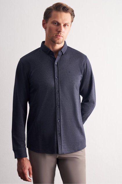 Men's Dark Navy Blue Smart Button-Down Collar Long Sleeve Slim Fit Shirt 1004255171