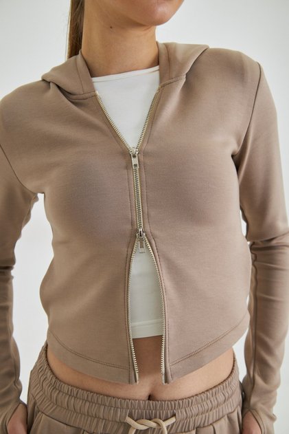 Women's Custom Made Modal Fabric Double Zipper Hooded Cardigan Mink