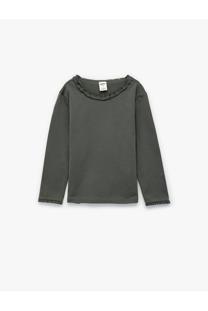 Ruffled Long Sleeve Crew Neck Cotton Basic T-Shirt