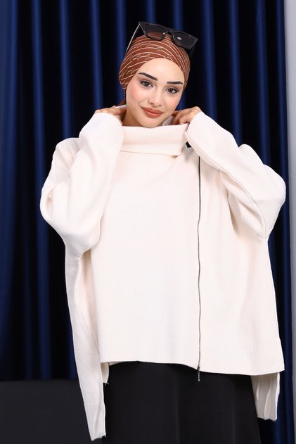 Ecru Turtleneck Zippered Knit Sweater