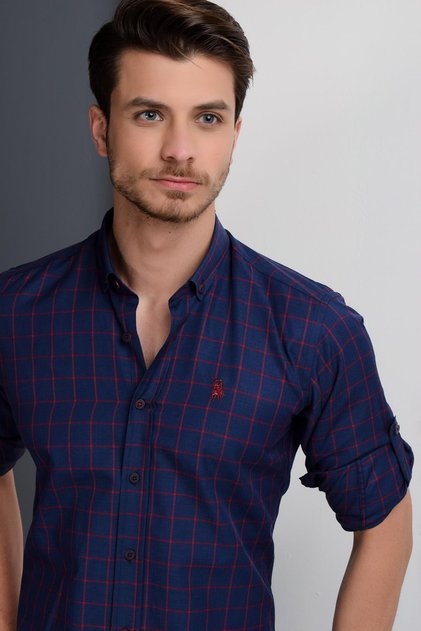 Men's Classic Collar Long Sleeve Geometric Patterned Cotton Shirt Claret Red-Navy Blue G958
