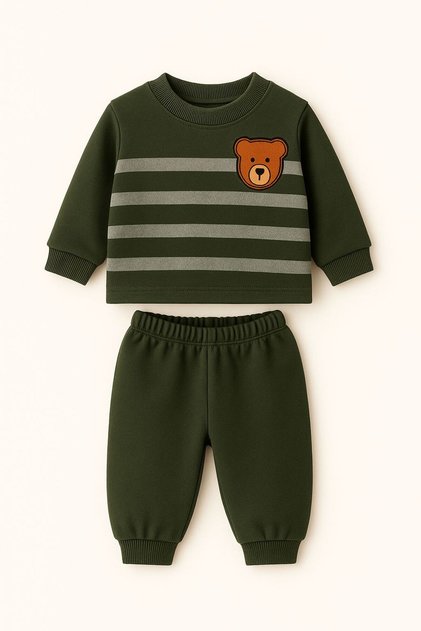 Striped Teddy Bear Printed Winter Unisex Fleece Baby Set Girl and Boy Baby Fleece 1-4 Years