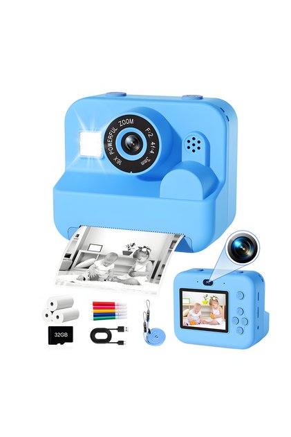 Aparat Foto Instant pentru Copii, Nerele, Dual Camera Selfie, Imprimare Termica fara Cerneala, Foto 12MP, Video 1080P, Zoom 16x, Jocuri si Muzica, Card 32GB si Accesorii, Cadoul Perfect, Albastru