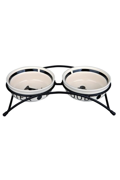 Set de 2 boluri ceramice cu suport metalic, 2x0,25 L, alb/negru
