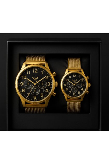 Set Ceasuri Premium pentru Cuplu – Black & Gold Mesh Edition