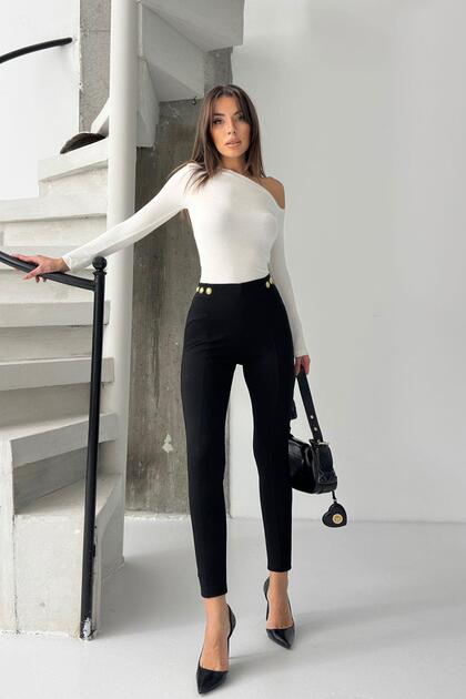 High Waist Skinny Leggings with Decorative Pockets for Women - Black
