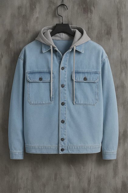 Men's Chest Pocket Oversized Blue Hooded Denim Jacket