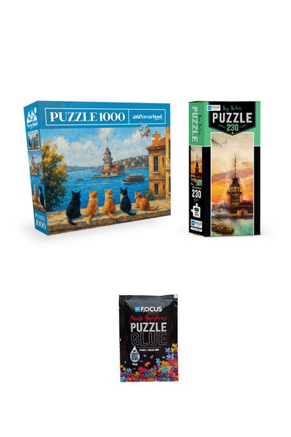 1000 Piece Puzzle Girl's Tower Cats and 230 Piece Girl's Tower and Puzzle Adhesive