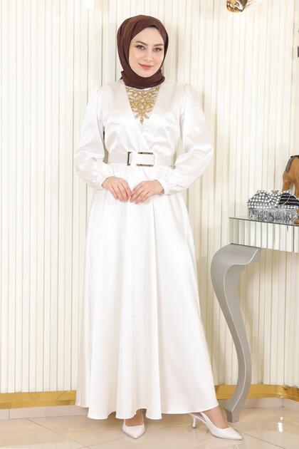 Stone Detailed Satin Evening Dress White Msw19901-2
