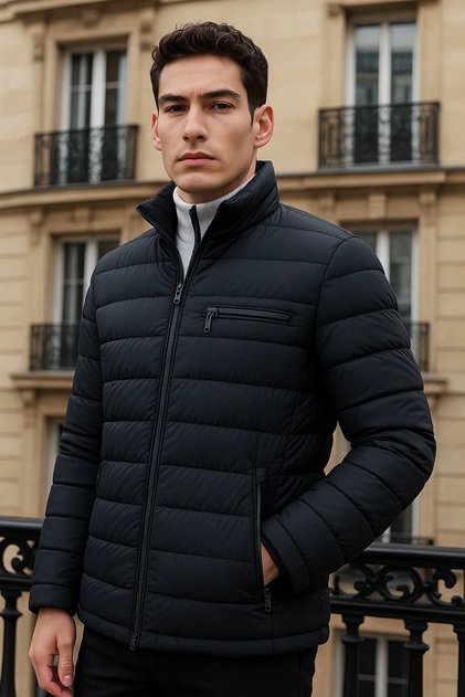 Men's Trend Basic Mock Neck Winter Dark Blue Puffer Jacket
