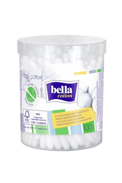 Bețișoare de bumbac cu vârfuri 100% bumbac, Bella, 100 buc.