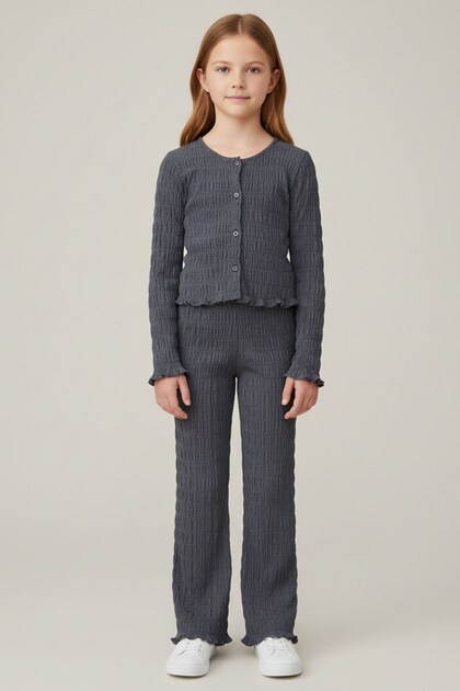 Girl's Anthracite Judge Collar Buttoned Comfortable Cut Soft Textured Stylish Suit - Girl's Suit