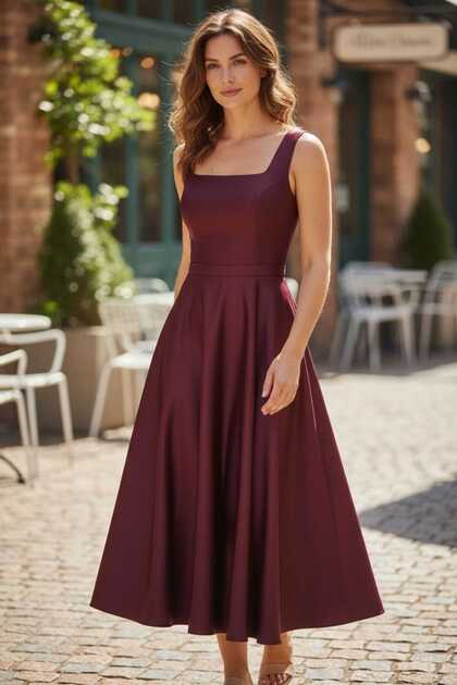 FYPER Burgundy Square Neck Satin Evening Dress Midi Length- Trendyol FYPER Burgundy Square Neck Satin Evening Dress Midi Length- Trendyol