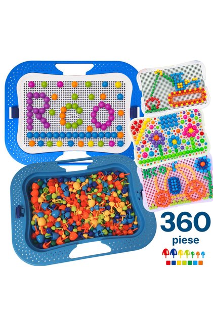 Joc creativ mozaic 360 pioneze, 7 culori, cutie de depozitare din plastic, 3+ ani, Albastru