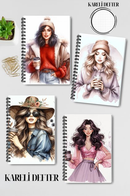 Four Seasons Themed Coffee Girl Design Wire Spiral A5 Squared 4-Piece Souvenir, Memory, School Notebook Set