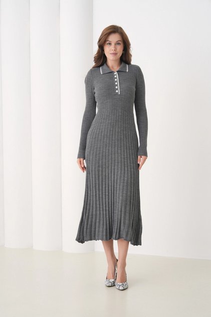 Women's Polo Collar Button Detail Ribbed Knit Long Knit Dress