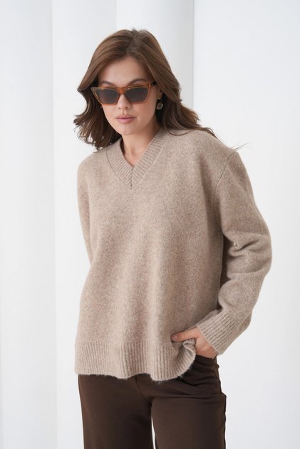 Women's V-Neck Soft Textured Oversized Knitwear Sweater