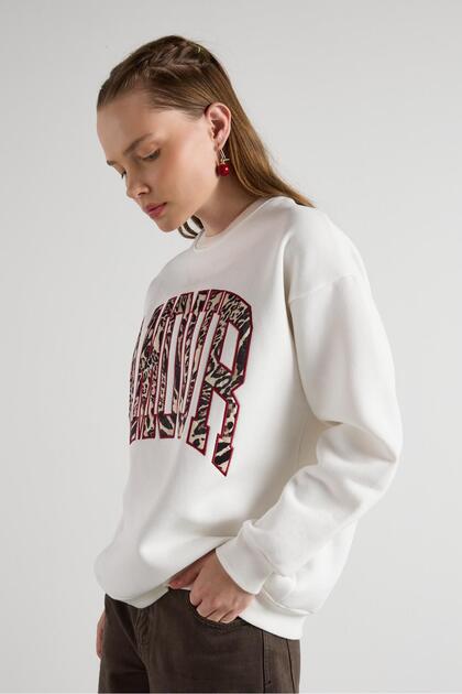 Ecrufarbene, mit Leopardenmuster bestickte Oversize-Sweatshirts für Damen 30064