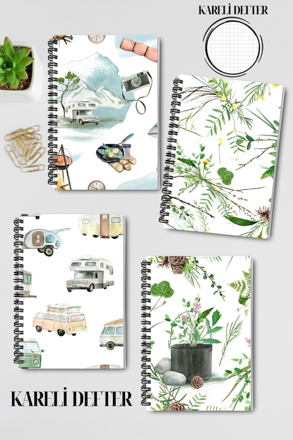 Nature and Camping Themed Design Wire Spiral A5 Squared 4-Piece Souvenir, Memory, School Notebook Set