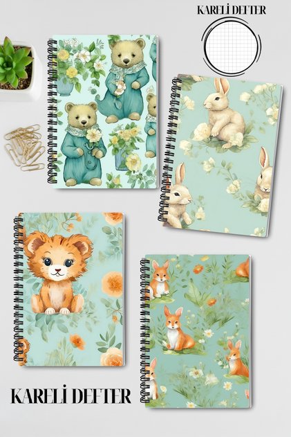Puppy Cute Animals No:2 Design Wire Spiral A5 Squared 4-Piece Souvenir, Memory, School Notebook Set