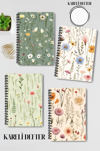 Wild Flowers Design Wire Spiral A5 Squared 4-Piece Souvenir, Memory, School Notebook Set