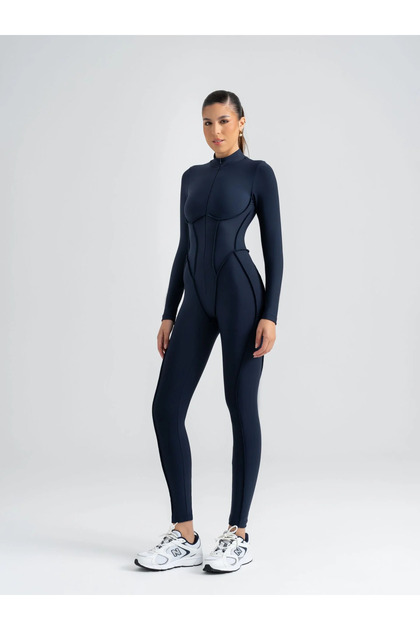 Lacivert Sculpt Line Uzun Kollu Spor Tayt Tulum