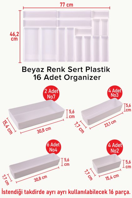 Beyaz Yeni Renk 16 Parça Sert Plastik Organizer Kepçelik Kaşıklık Set Çekmece Içi Düzenleyici White