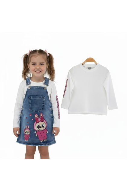 Girl's Labubu Digital Printed and Long Sleeve Double Denim Jacket with Straps