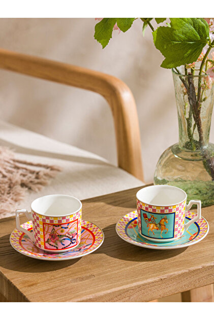Mixed Printed 2-Person Porcelain Coffee Cup Set 90 ml