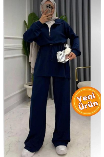 Women's Islamic Clothing Set, Zippered Waist-Tie Tunic, Wide-Leg Pants, Double-Thread Knitted.