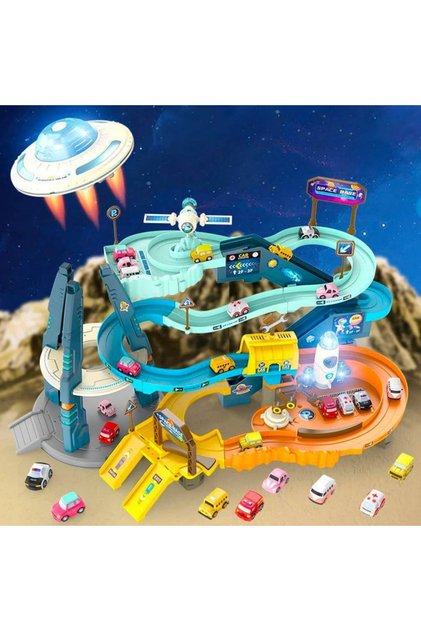 Circuit Interactiv cu Parcare, Pista Spatiala cu Lumini, Sunete, Lift Electric si 4 Mini Masinute