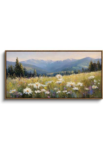 Vintage Alpine Meadow Canvas Wall Art 60x120cm, With Outer Frame Wildflowers Landscape for Farmhouse Decor