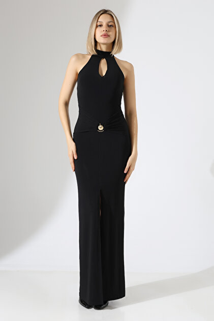 Black Slit Evening Dress Gold Buckle Fish Cut Long Engagement Wedding Party Dress