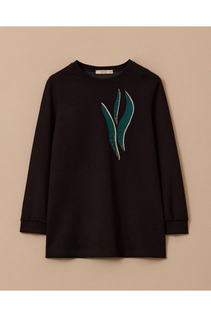 YENİ KADIN büyük beden desenli taş işlemeli sweatshirt 10002522314007