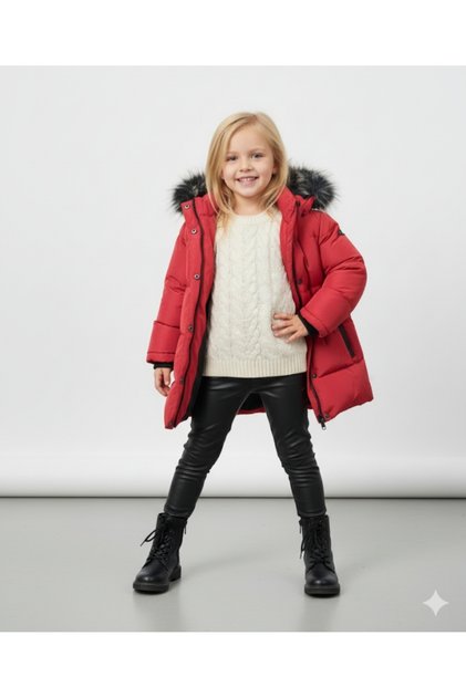 Girl's Detachable Hooded Fur Zipper Closure Zipper Pocket Plush Inside Waterproof Coat