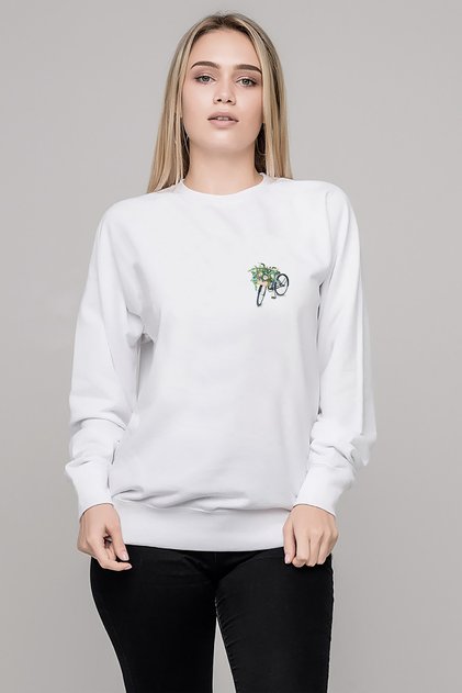 Black Bicycle with Flower Bicycle Watercolor Printed White Women's Knitted Sweatshirt Long Sleeve