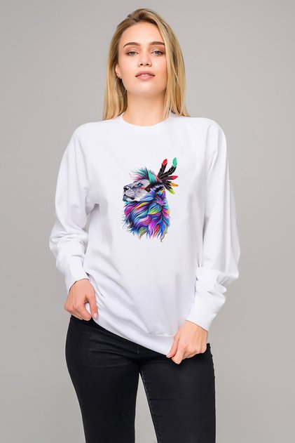 Paper Color Painting Canvas Drawing Lion Printed White Women's Knitted Sweatshirt Long Sleeve