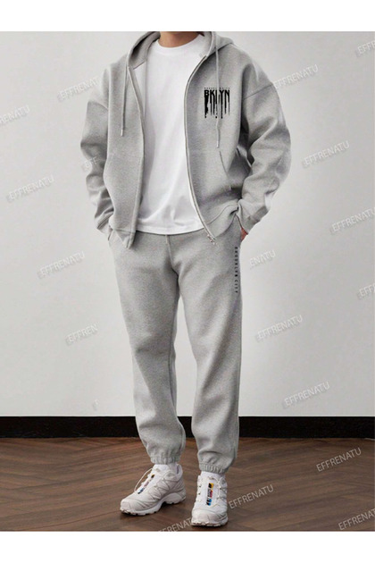 Gray Plus Size Trend Print Hooded Zip-Up Set