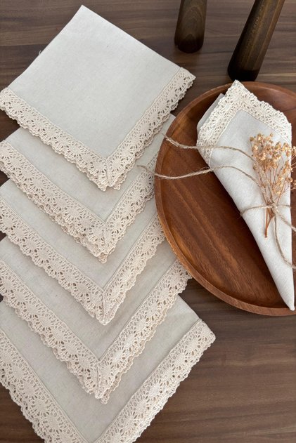 6Lı Ham Keten Naturel Dantel Detaylı Kumaş Peçete