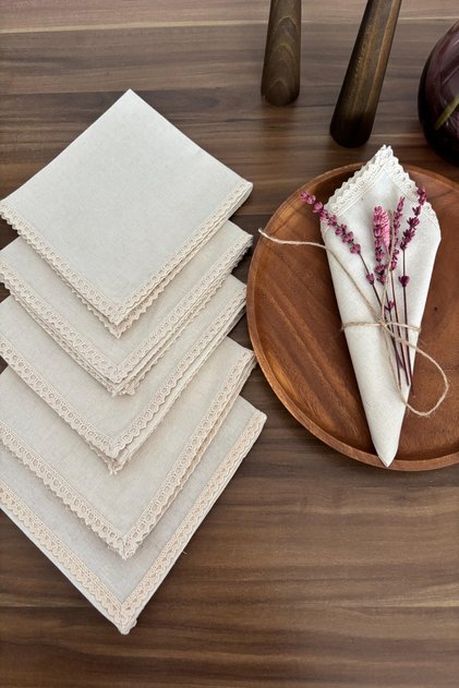 2 Li Ham Keten Organik Zarif Dantel Detaylı Kumaş Peçete 35x35
