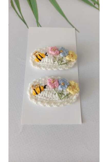 Bee Embroidered Cotton Anti-Allergic Low Hair Baby Buckle Organic Set of 2 Handmade Baby Gift