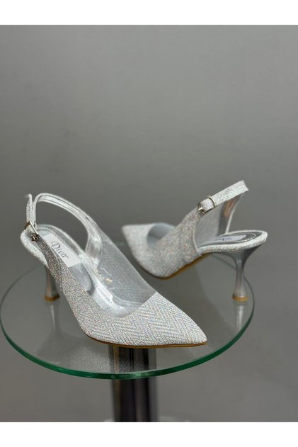 Silver Glitter Heeled Women's Shoes